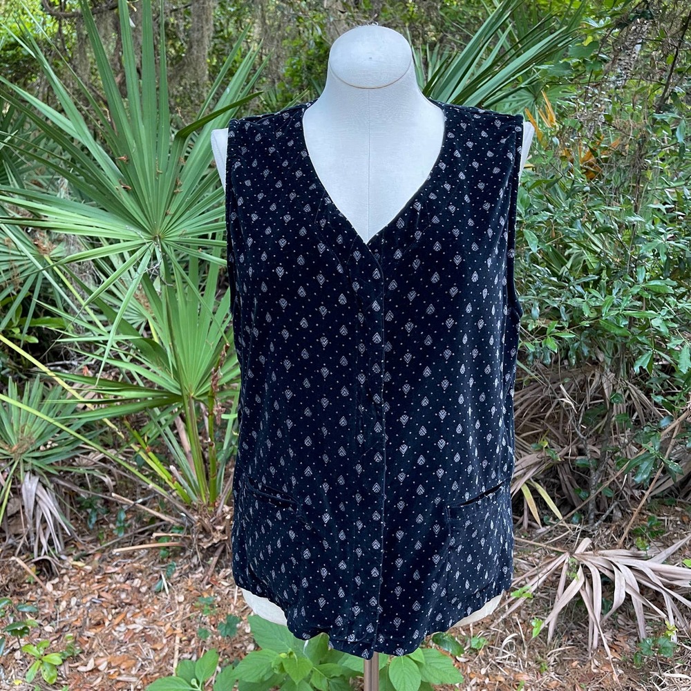 Vintage 90s Black Velvet Vest Boho Geometric Pattern Pockets Zipper DPS Size L